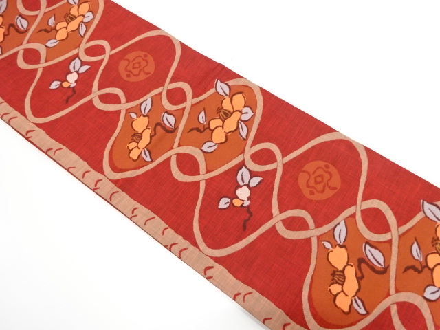 未使用品　変わり網目に椿模様織り出し　袋帯